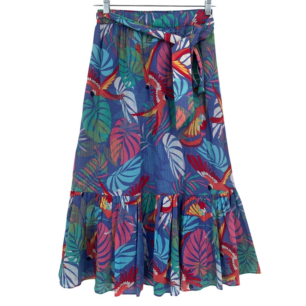 Talbots Petite Blue Tropical Parrot Palm Print Cotton Maxi Skirt Small P SP boho